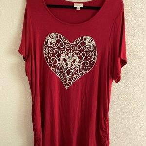 Avenue Women’s Plus Size Maroon Colored Top/ T-Shirt with Lace Heart on Front.